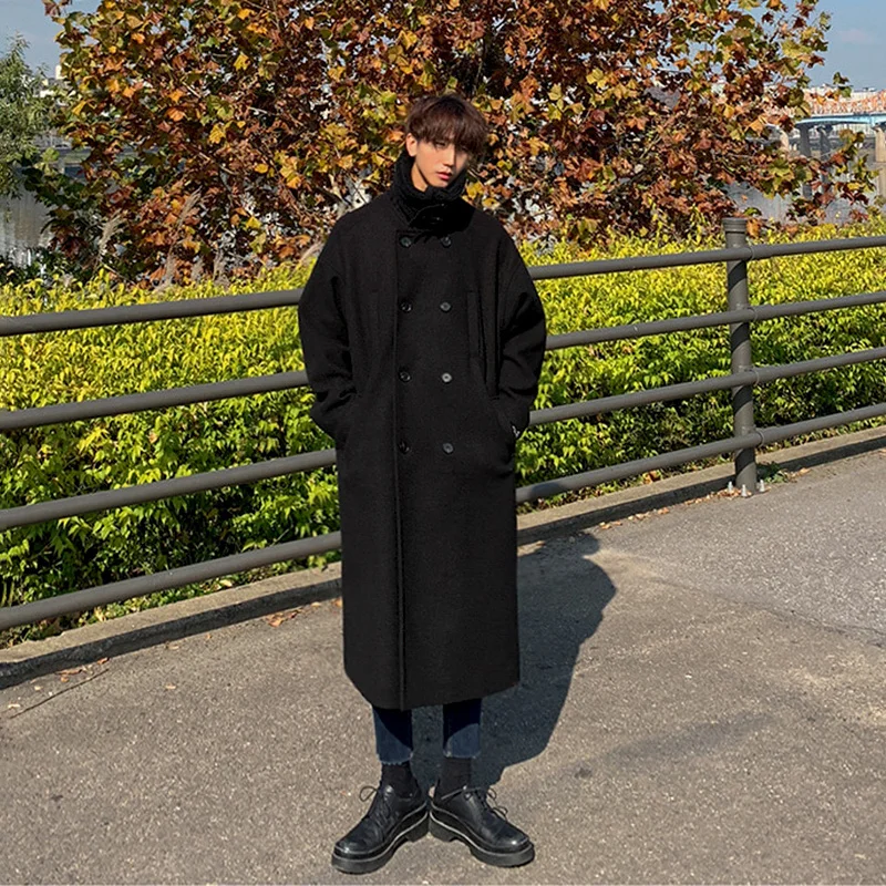 Double Winter Breasted Woolen Coat New Mens Medium Length Woolen Windbreaker Coats Loose Korean Fashion Lamb Wool Coat