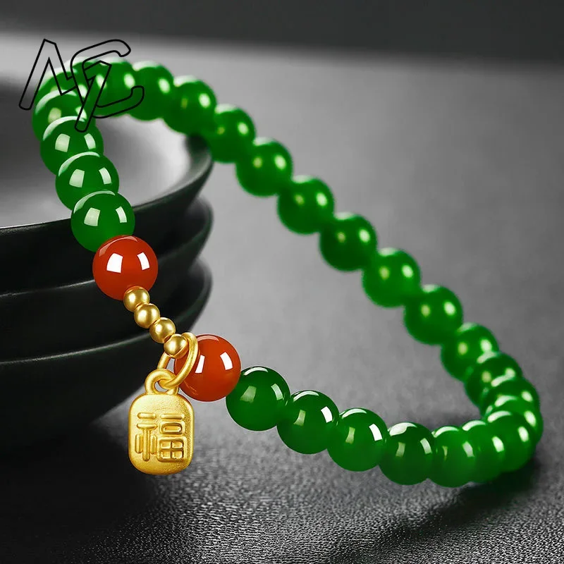 Natural Green Jade Beads Bracelet Jadeite Jewelry Fashion Charm Accessories Hand-Carved Lucky Amulet Gifts for Women Her Men