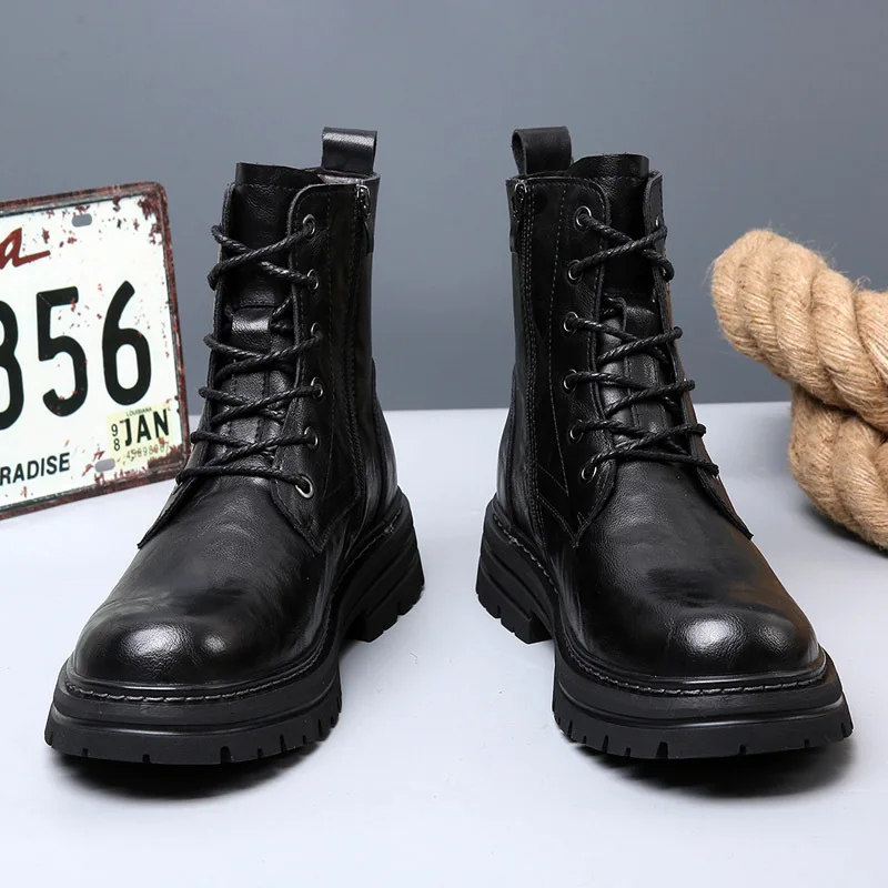 Men Handmade High-Top Boots High-quality Fashion Non-slip Motorcycle Boots Genuine Leather Men's Shoes Ankle Boots Leather Shoes