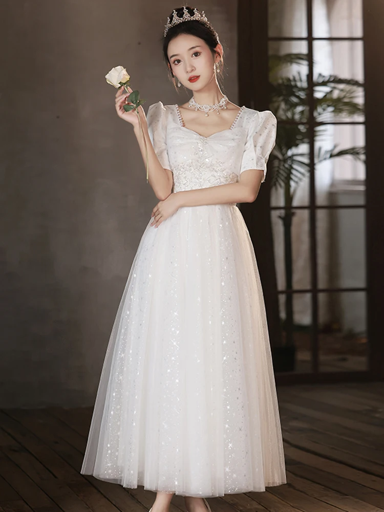 

Fashion White Formal Prom Dress Beading Sequins Slim Long Quinceanera Evening Gown Gorgeous Female Princess Dress
