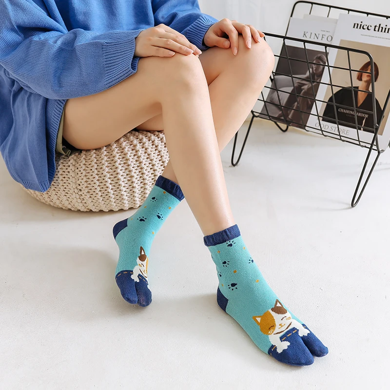 5 Pairs Two-toed Socks Female Cotton Autumn Winter Thick Cartoon Animal Sweat Toe Socks Japanese Kawaii Socks Women