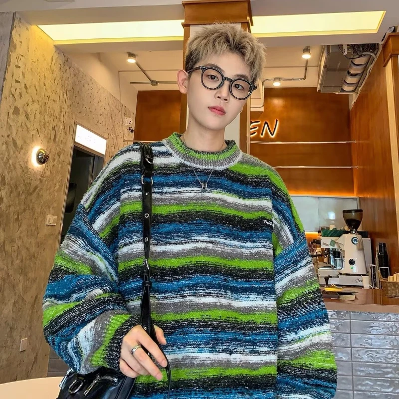 Harajuku Striped Sweater Men Gradient Color Block Retro Round Neck Knitwear Loose Elastic Embroidery Long Sleeved Pullover Male - Image 2