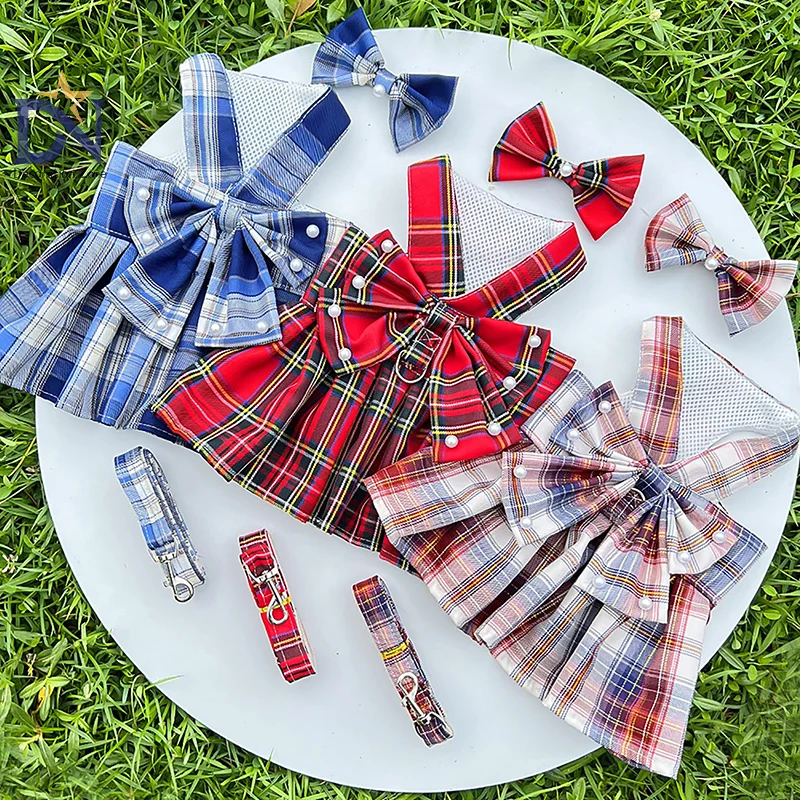 Stylish and Comfortable Bowknot JK Pet Dress; Includes Matching Harness and Leash Set; Perfect for Cats and Dogs at Parties