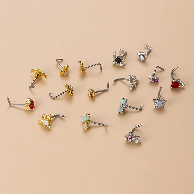 1Piece Fashion Nose Piercing Jewelry 20G Stainless Steel Zircon L Shape Nose Stud Ring for Women Heart Flower Star Nose Studs