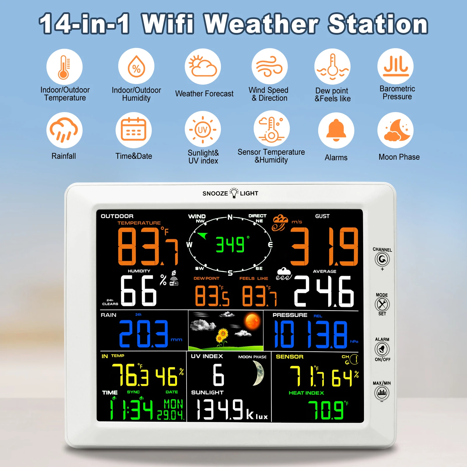 7-in-1 Wi-Fi Weather Station 8 in Color Display & Solar Wireless Outdoor Sensor Alarm Alerts for Temperature Humidity