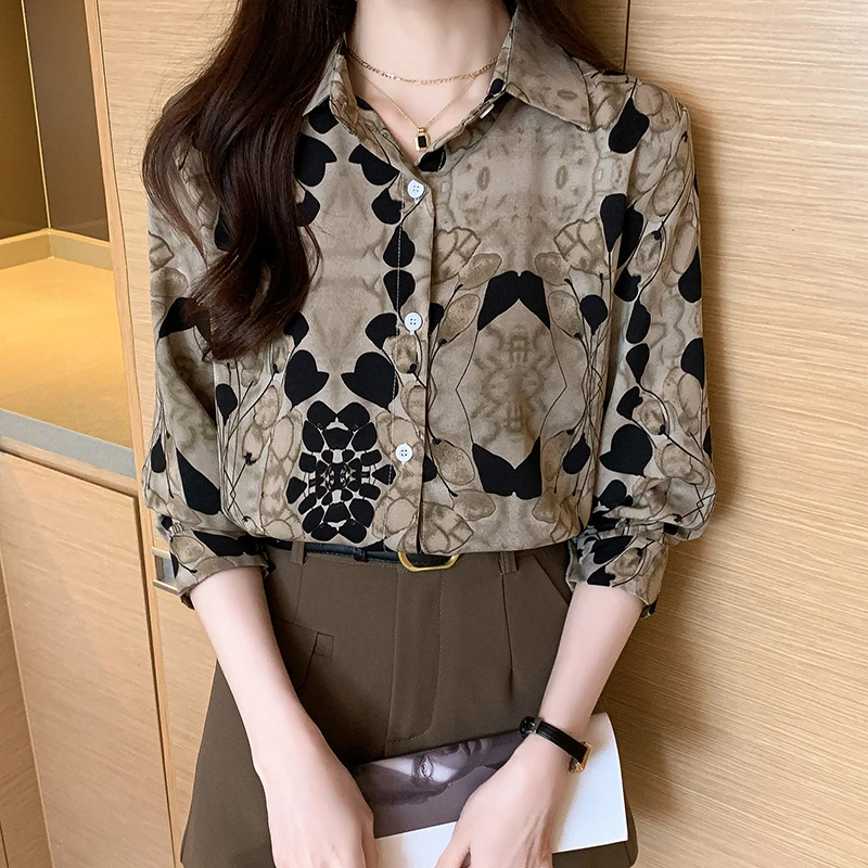 Women Spring Vintage Printing Loose trend Turn-down Collar Long Sleeve Shirts Women Clothes Casual All-match Office Lady Tops