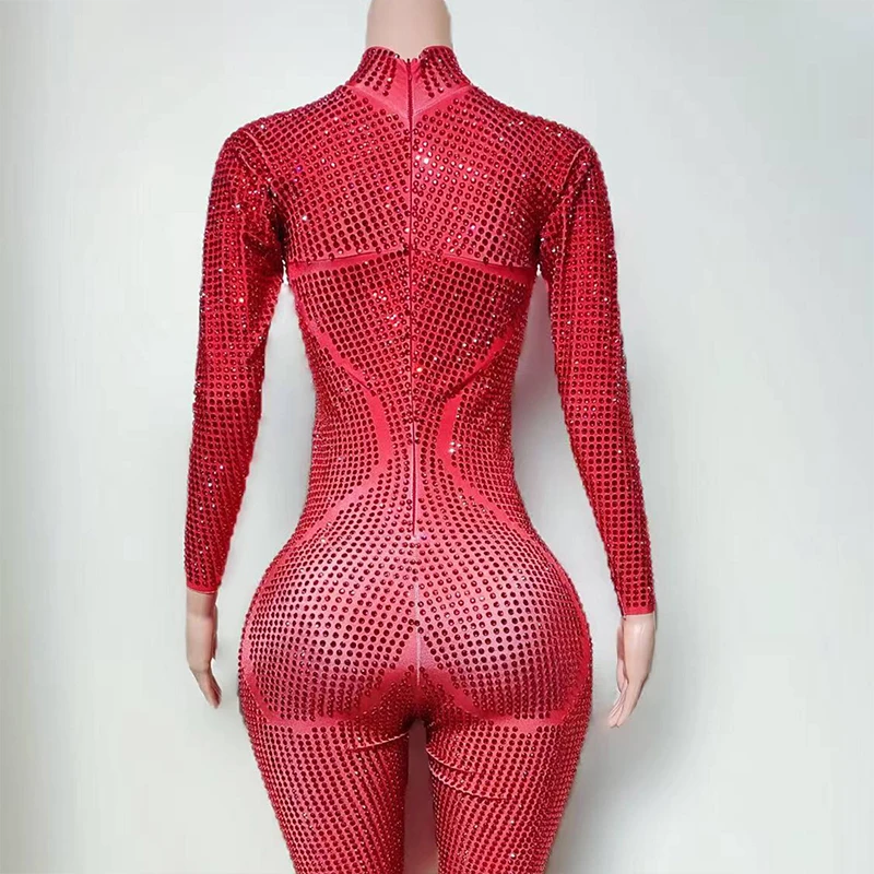 Strass Rode Lange Mouw Bodysuit Zanger Danser Prestaties Stadiumkostuum Ds Party Show Outfit Nachtclub Bar Dancewear yj015