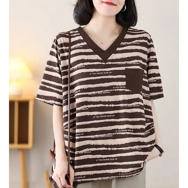 Weibliche Sommer V-ausschnitt Streifen Kurzarm T-shirt Tops Koreanische Mama der Kostüm Freizeit Vielseitig Lose V-ausschnitt Kurzarm T-shirt