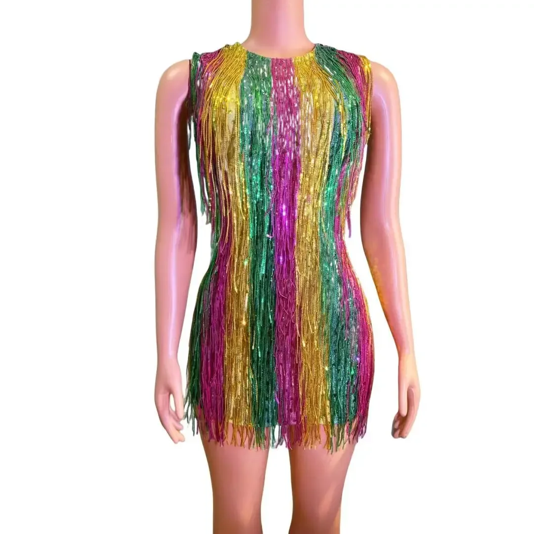 

Sexy Rainbow Color Shaping Tight Night Dress Female Fashion Tassels Party Prom Club short Dress Lady Stage Performance Costumes