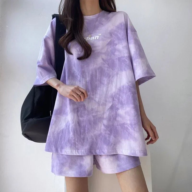 

Pure Cotton Tie-dye Women's Set Summer Short Sleeves T-shirt+Elastic Waist Wide-leg Shorts Casual Sports Two-piece Set for Women