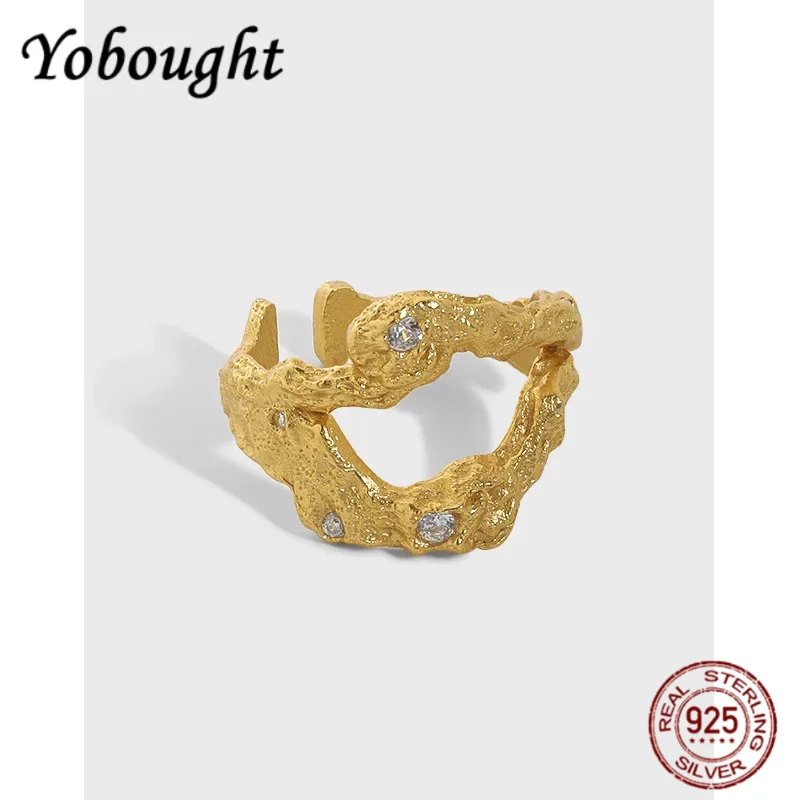 

New Irregular Uneven Zircon 100% S925 Sterling Silver Open Ring Female Hollow Cubic Zirconia Finger Wedding Ring