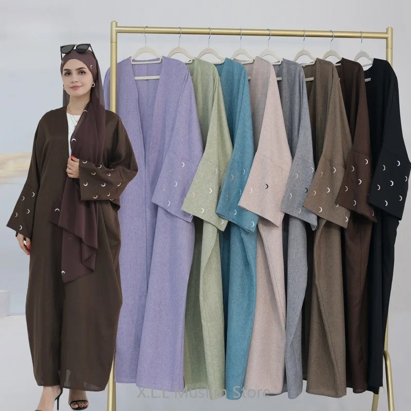 

Eid Moon Embroidery Open Abaya Dubai Luxury Kimono Coat With Hijab Kebaya Kaftan Baggy Abaya Modest Robe De Priere Muslim Dress