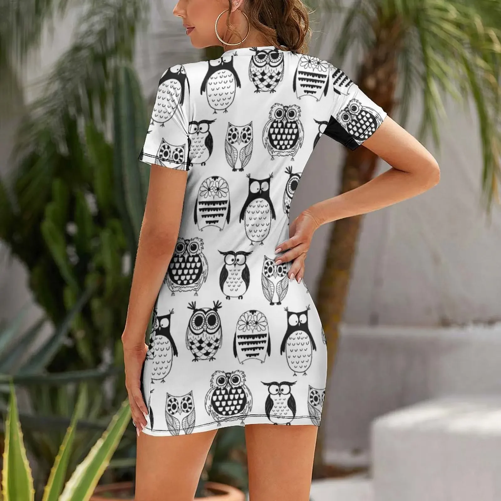 Hand drawn Owl pattern Short-Sleeved Dress party dresses woman wedding guest dress 2026 dress women summer