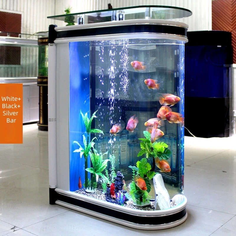 Luxury Modern Bullet Curved Glass Floor Aquarium Kit Ultra-thin LED Light Filtration System Transparent Eco-friendly Durable