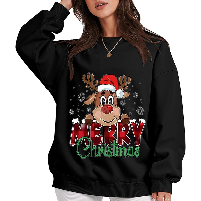 Damen-Kapuzenpullover, festliches Weihnachts-Sweatshirt mit Rentier- und Karomuster, lässig, locker, langärmelig, Rundhals-Sweatshirt für den Winter