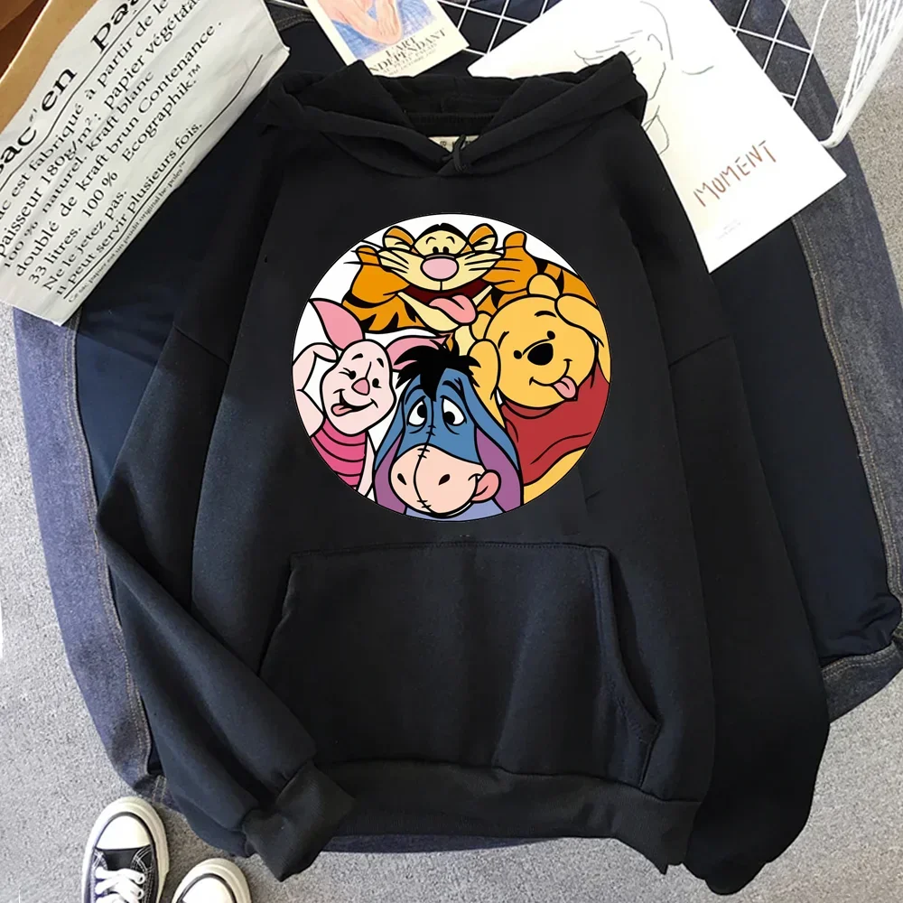 Kawaii Disney Cartoon Hoodies Winnie The Pooh Print Women Casual Hoodie Harajuku Autumn O-neck Black Pullovers Sweatshirts Tops