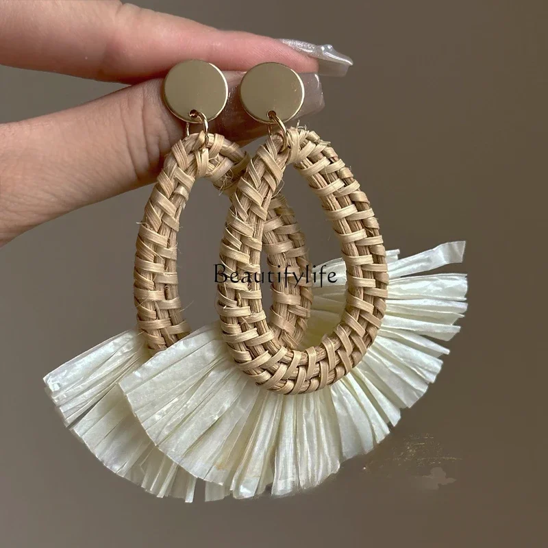 

Rattan Skirt ~ Exaggerated Fan-Shaped Holiday Ethnic Style Beach Retro Seaside Earrings