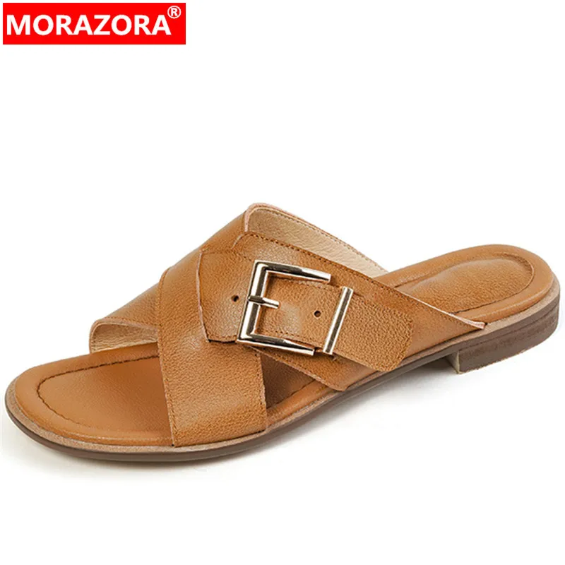 

MORAZORA 2024 New Arrive Genuine Leather Women Slippers Square Low Heels Slippers Ladies Buckle Summer Dress Shoes