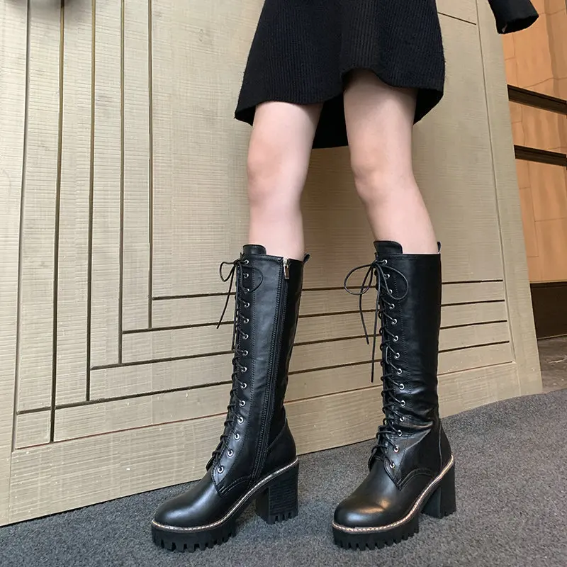 

Fall 2025 Genuine Cowhide Leather Knee-high Women Boots Platform High Heels Laced Motorcycle Boots