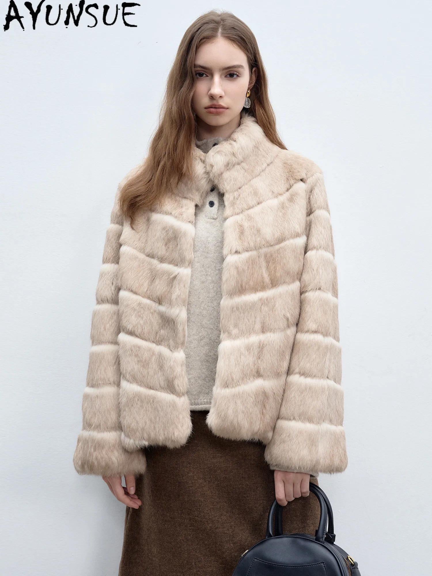 AYUNSUE Real Rabbit Fur Coat Women Real Fur Winter Clothes Stand Warm Whole Rabbit Coats Loose Fit Fashion Chaquetas Para Mujer