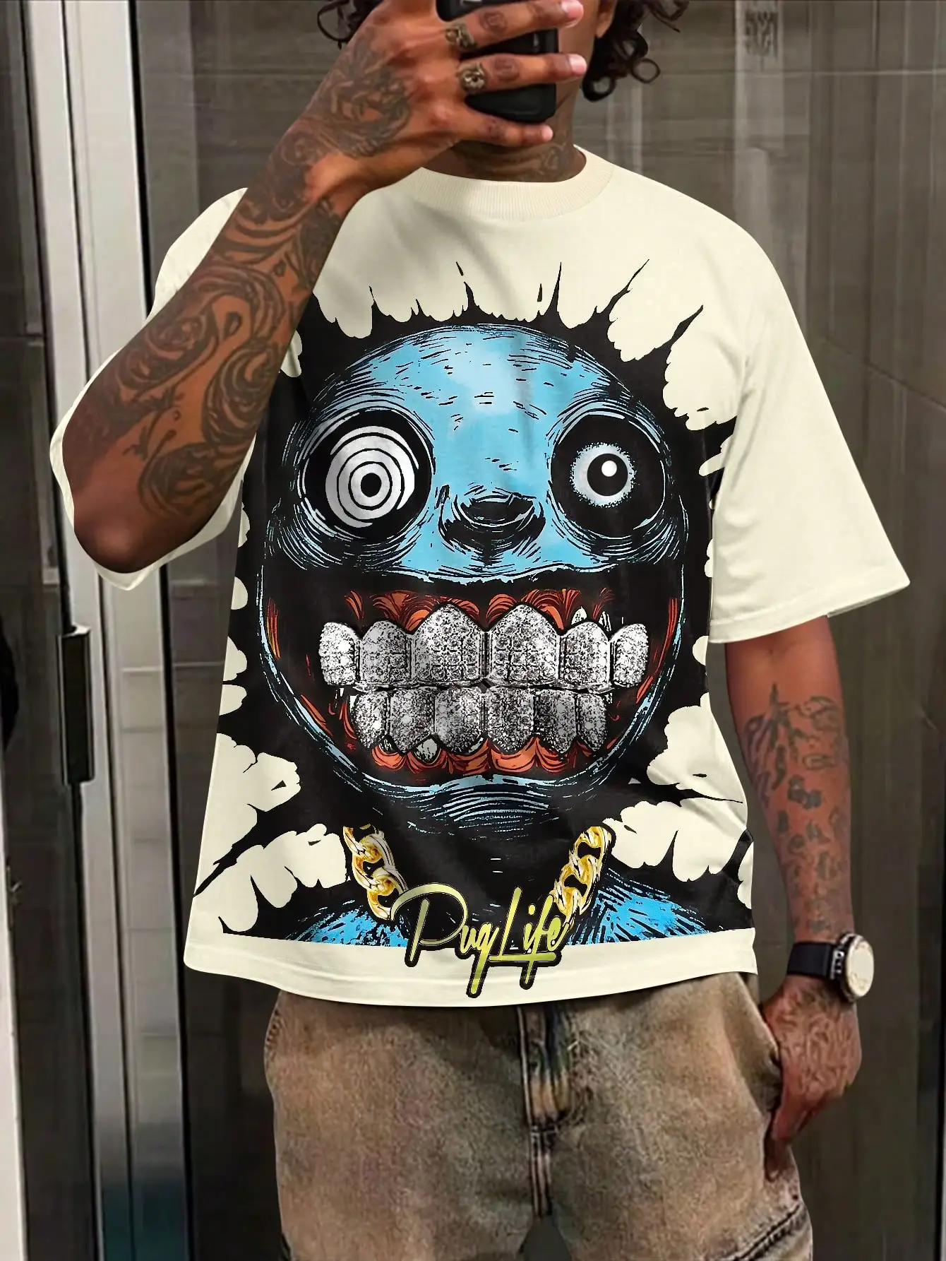 

Мужская футболка с графическим принтом мультяшного монстра, повседневный уличный стиль, короткий рукав, круглый вырез горловины