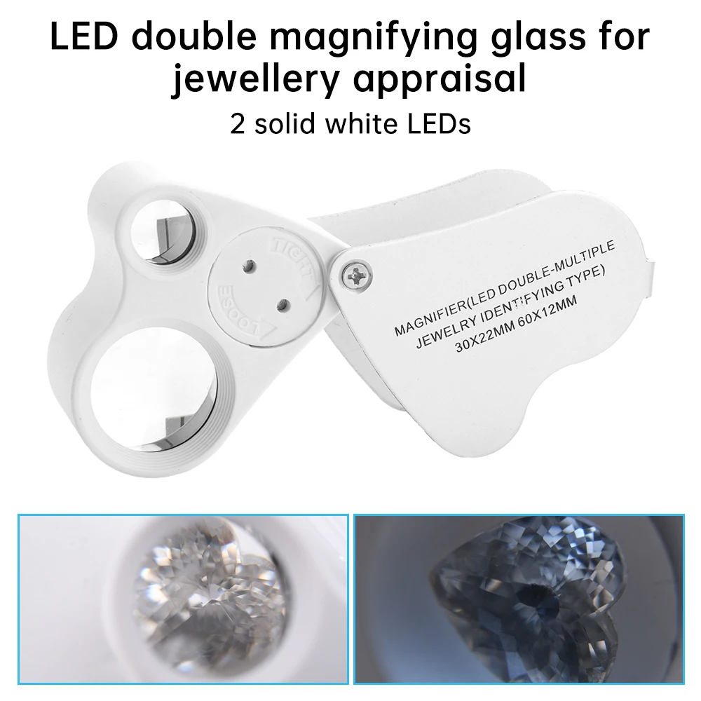 30X 60X Illuminated Jewelers Loupe Magnifier Foldable Jewelry Magnifier With 2 Bright LED Lights For Gems Jewelry Coins Stamps