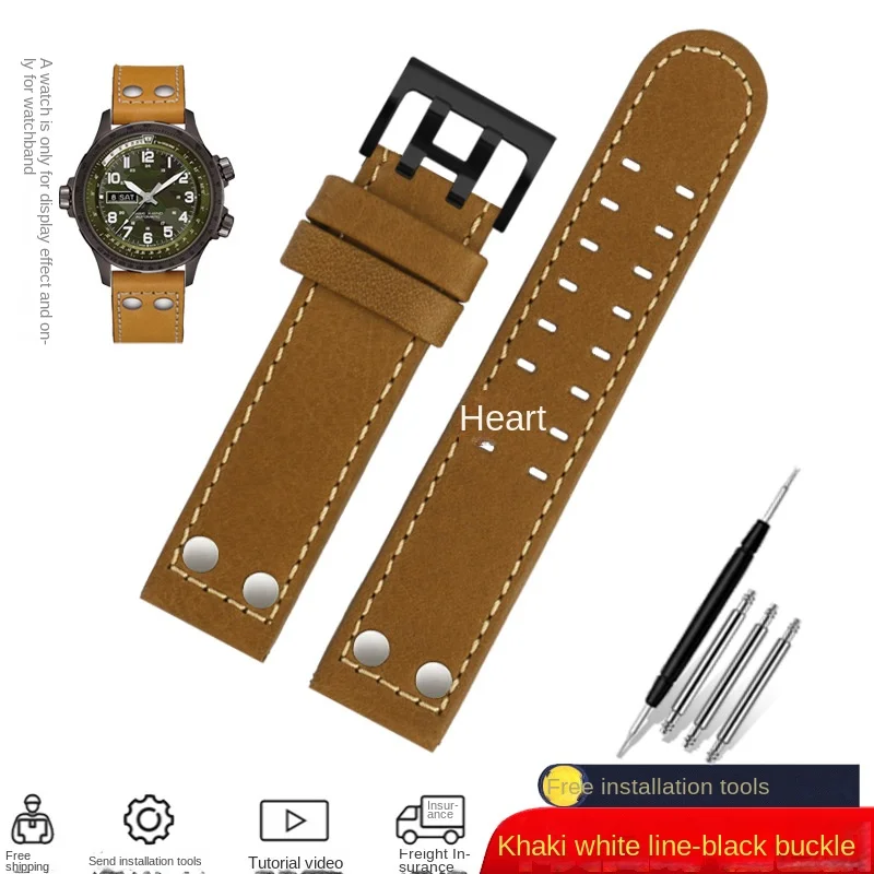 Genuine Leather jazz WatchBand For Hamilton Khaki aviation H77616533 H70615733 Men\'s Watch strap 20mm 22mm Stainless steel rivet