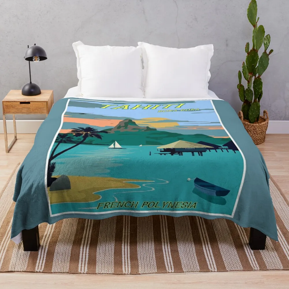 

TAHITI : Vintage Travel to Bora Bora Advertising Print Throw Blanket Quilt blankets ands Blankets