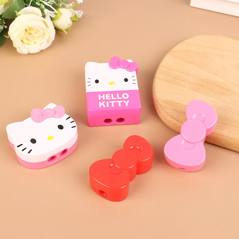 Kawaii Hello Kitty Double Hole Pencil Sharpener Sanrio Anime Bow Tie Kitty Shape Pencil Sharpening Tool Students School Supplies