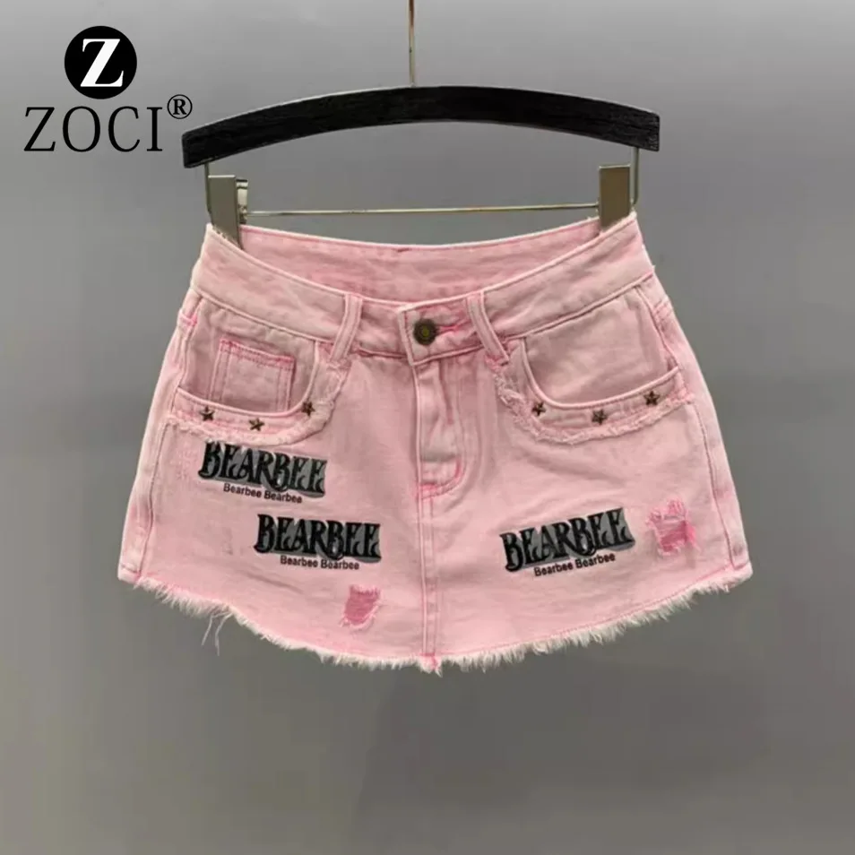 [ZOCI] Broken Hole Printed Rough Edge Girl Denim Shorts Women 2024 Summer New High Waisted A-line Wrapped Hip Skirt