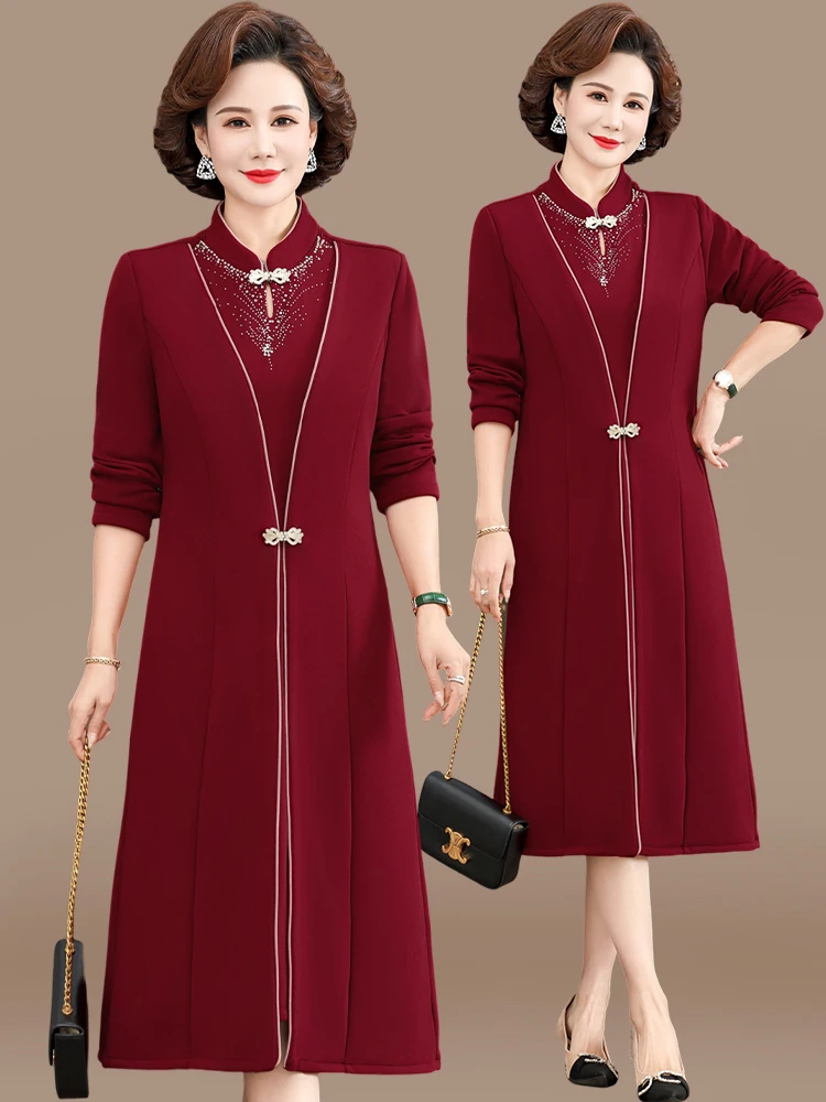 

Ele Wedding Dr for Older Women Faionable Mid-Length Skirt Loose Fit Polyester Fabric Rhinestone Detail Autumn New Ar...