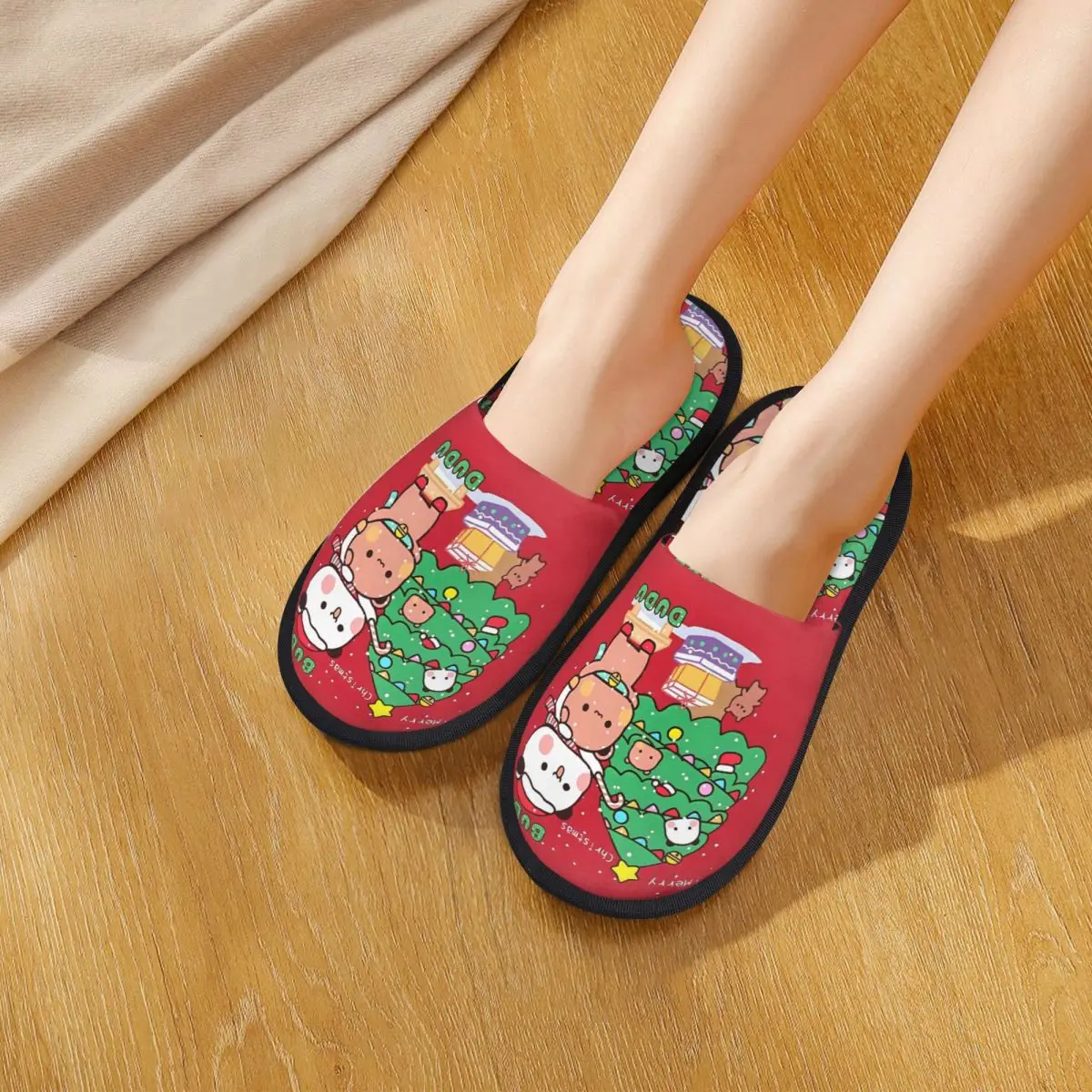 Winter House Slippers Bubu Dudu Xmas Panda Bear Merch Household Fur Slides Slippers Indoor Merry Christmas Soft Non-slip Slides