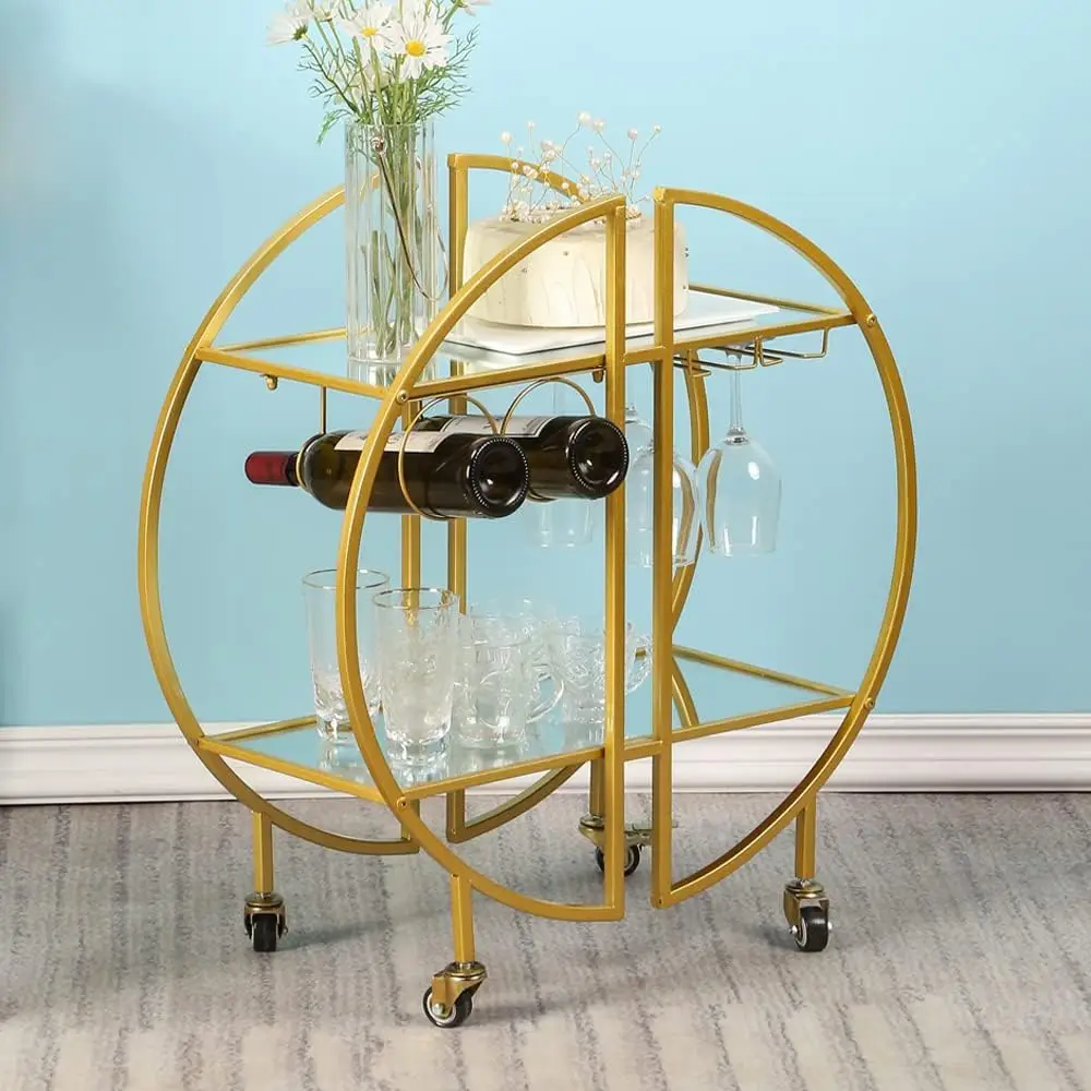 

Bar Cart Gold, 2-Tier Serving Cart, Wine Cart with 2 Mirrored Shelves, Glass Holders and Wine Rack, for Home,Kitchen,Dining Room