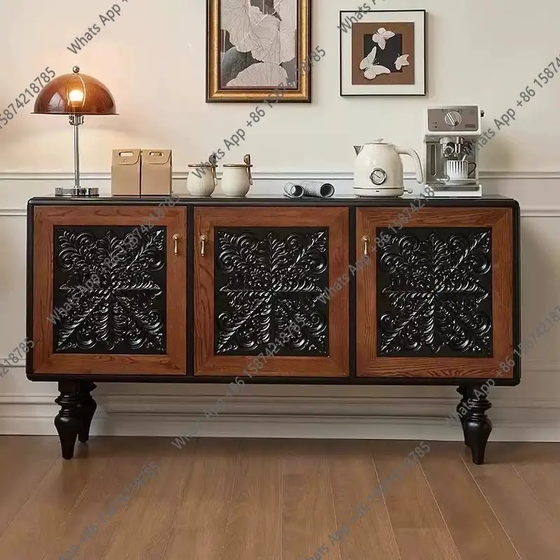 

French retro dining side cabinet entry solid wood carving flower entrance antique living room door storage locker