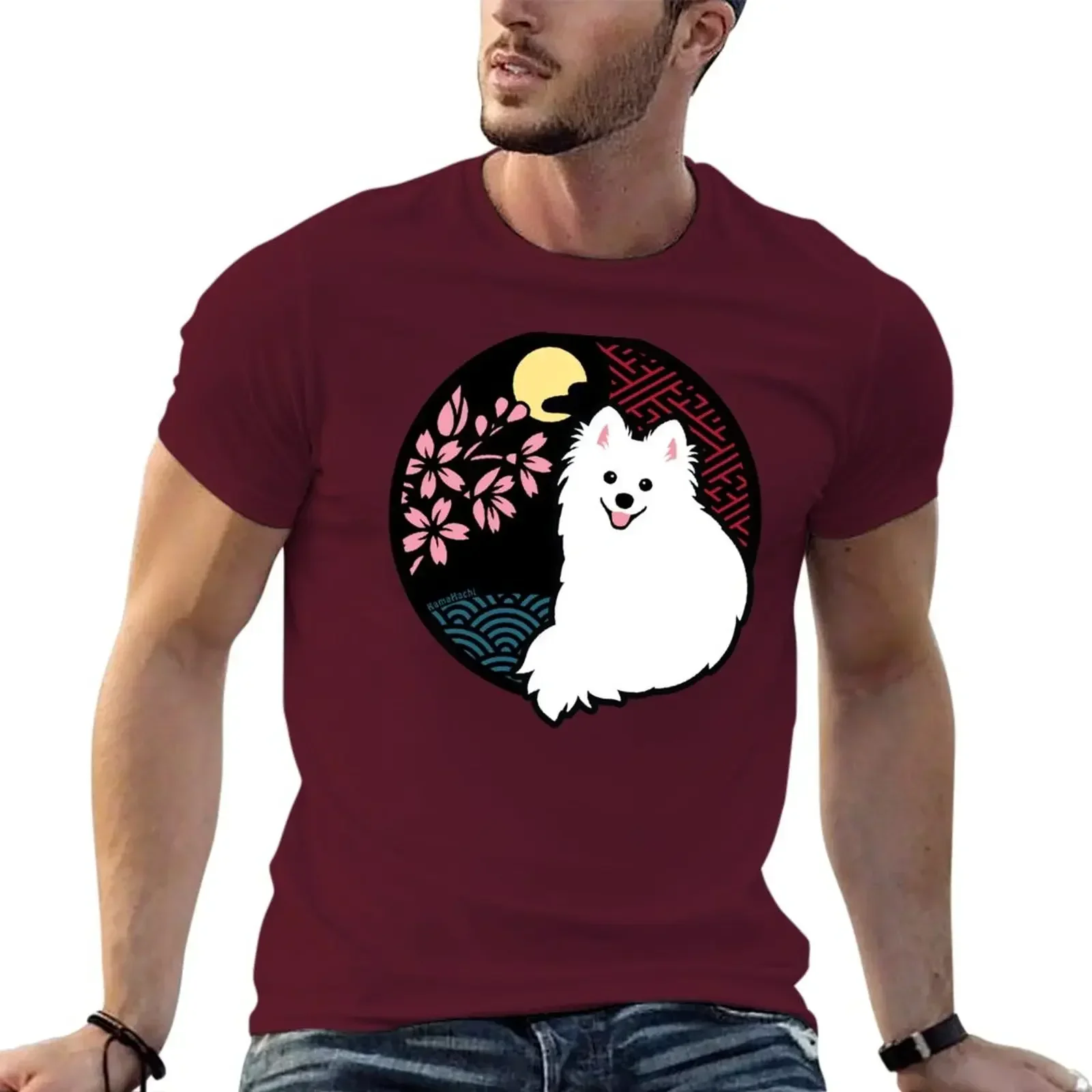 graphics t shirt mens vintage t shirts New Happy Spitz Dog & Sakura - Japanese Kirie Paper Cutting Art Style (Black) T-Shirt