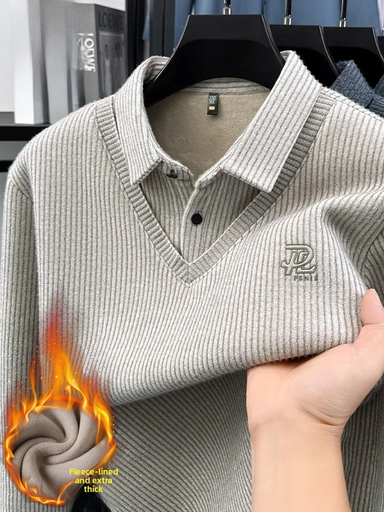 

Ln Snowy Men's Thiened Fce Lined Knitted Sweater Fake Two-Piece Warm Winter Casual Wear Polyester Blend Long Sve