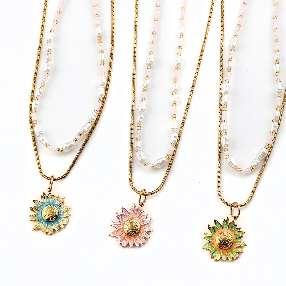 

Bohemian Double-layer Stainless Steel Enamel Sunflower Pendant Choker Necklace For Women Imitation Pearls Beaded Chain Jewelry