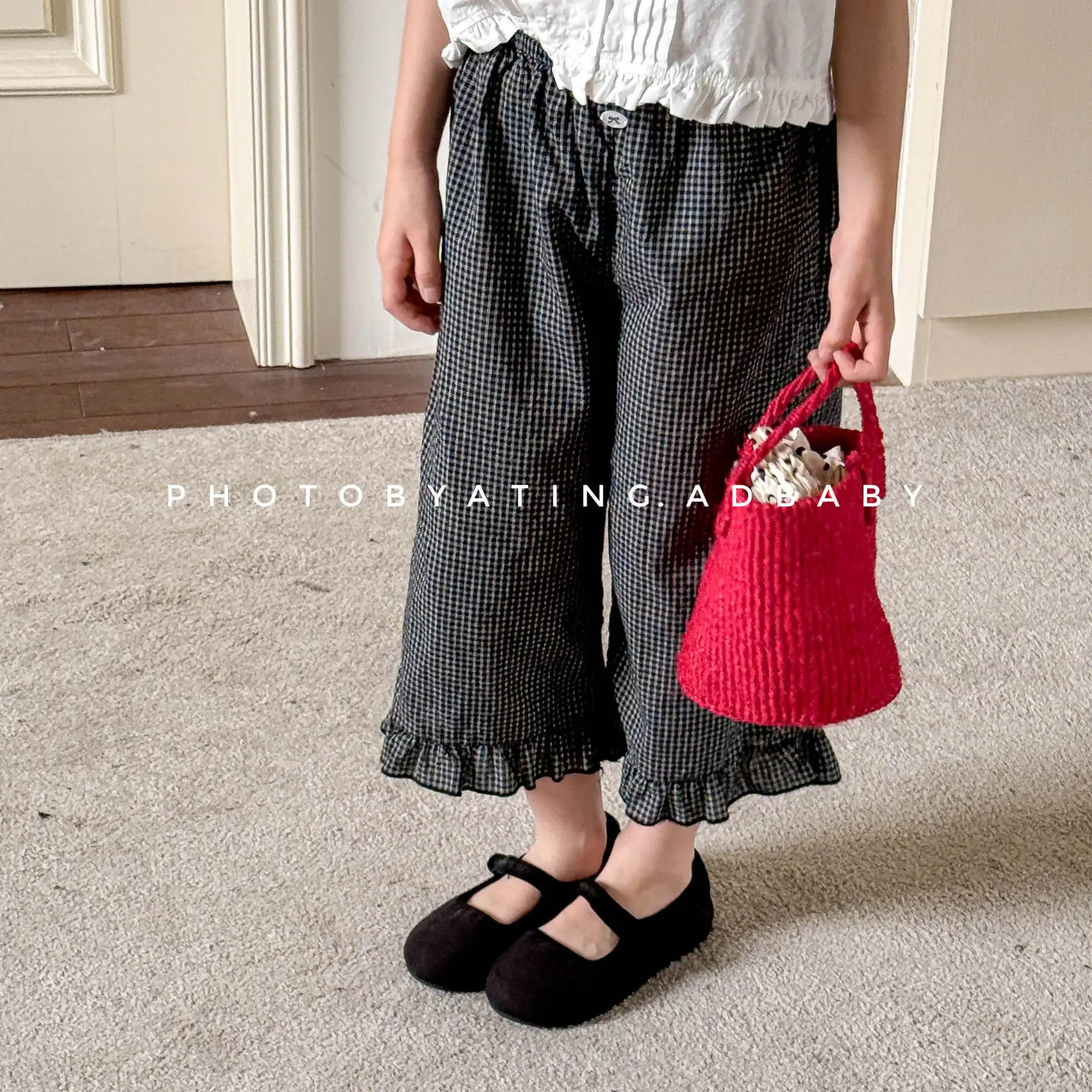 2026 New Summer Baby Girls Plaid Ankle-length Pants Ruffles Thin Korean Style Children Cotton Linen Trousers 6