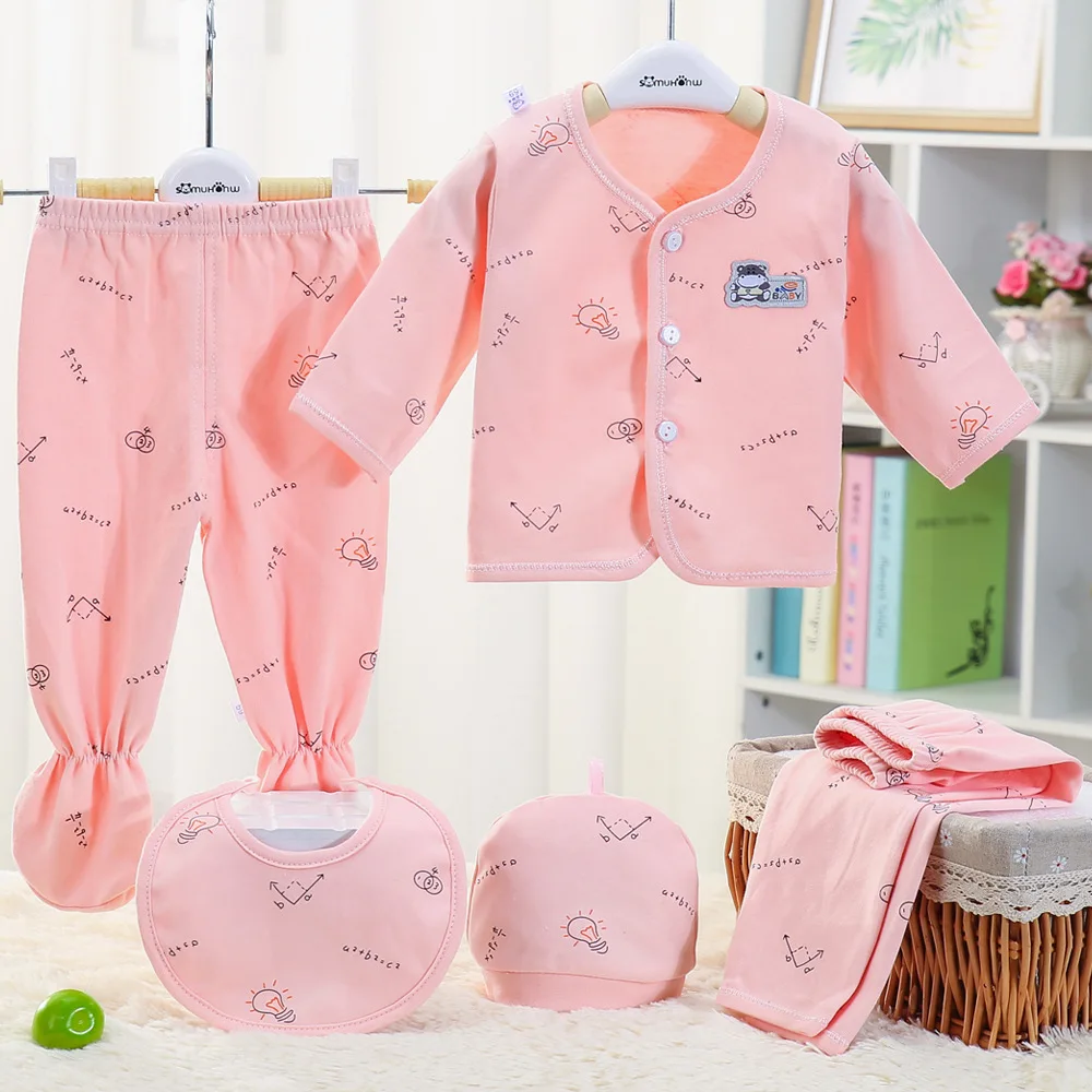 5Piece Spring Autumn Newborn Baby Girls Outfits Cartoon Cute Cotton Soft Tops+Pants Kids Clothing Set Infant Boys Clothes BC244