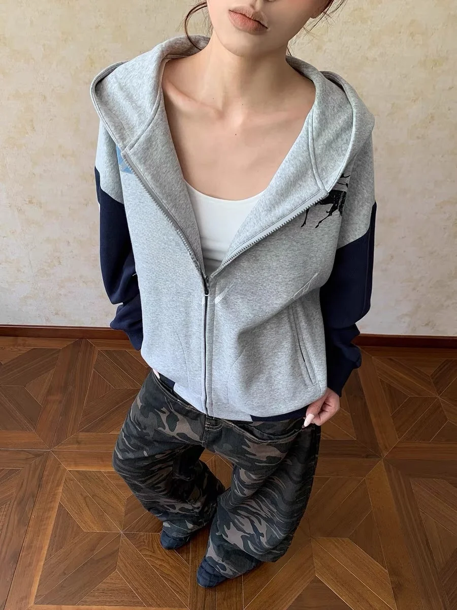 American Sle Color Blo Letter Print Hooded Open Cardigan Sweatirt ex Autumn Winter Versatile Loose Outerwear