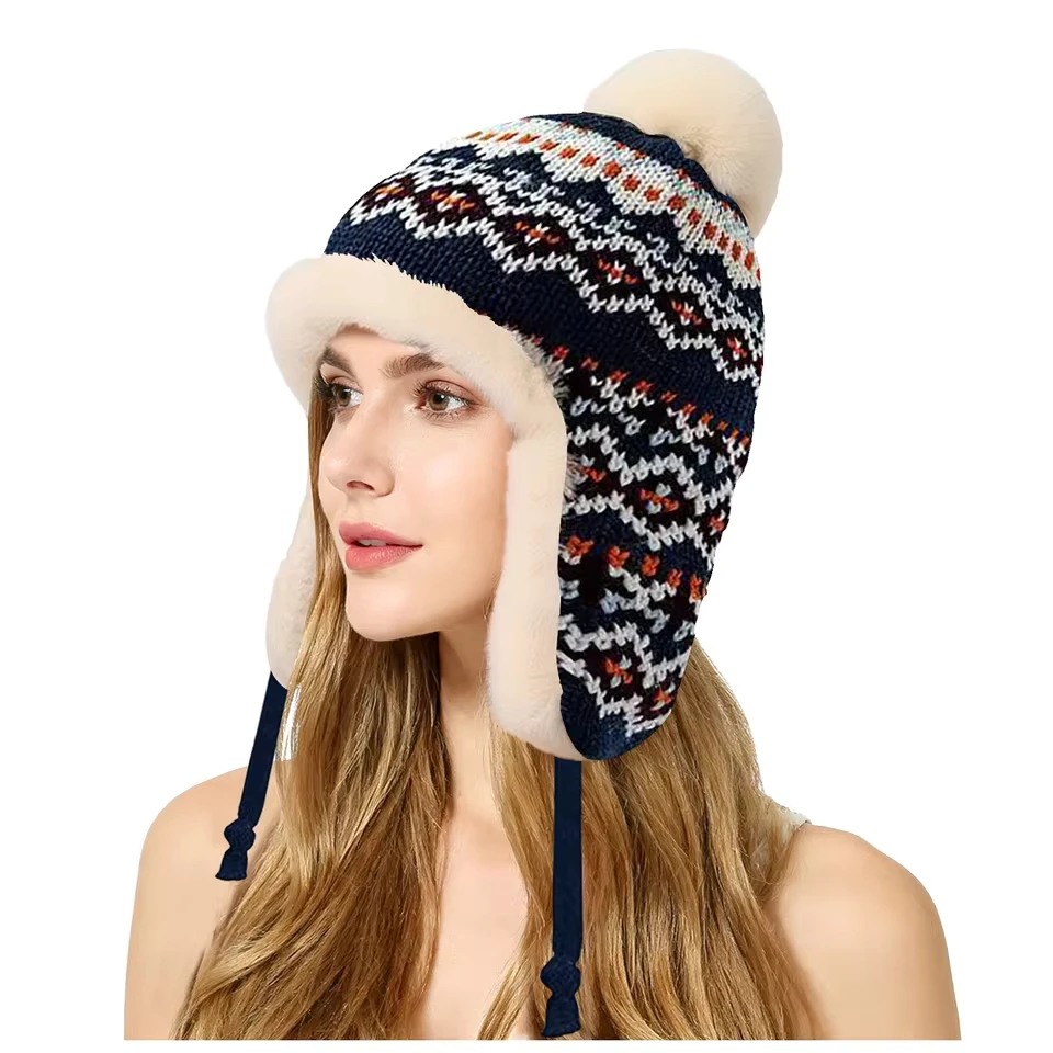 Women Winter Knitted Bobble Hat With Ear Warm Hooded Cap Knitted Hat Leather Hats Ear Hat