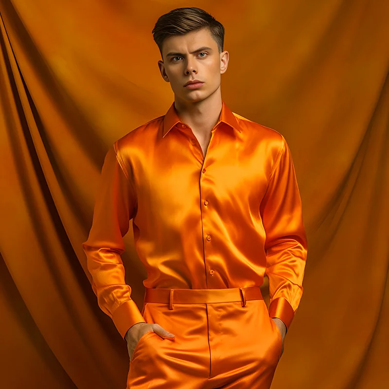 Herren Satin Luxus Hemden Mode Seide Glatt Männlich Smoking Hemd Solide Hochzeit Party Prom Casual Hemd Business Büro – Detail 7