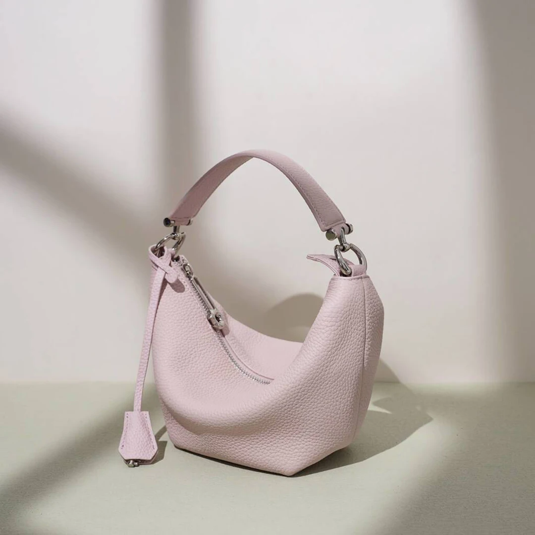 Mendy Genuine Leather Moon Bag Women Litchi Grain Single Handle Detachable Strap Side Zipper Minimalist Luxury Designer Original