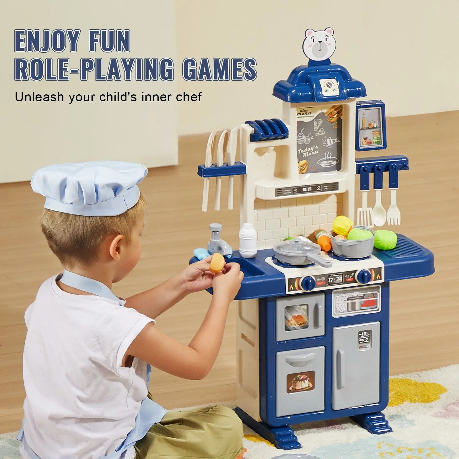 Kitchen Playset Kids Pretend Cooking Play Toy 48 Piece Accessories Blue