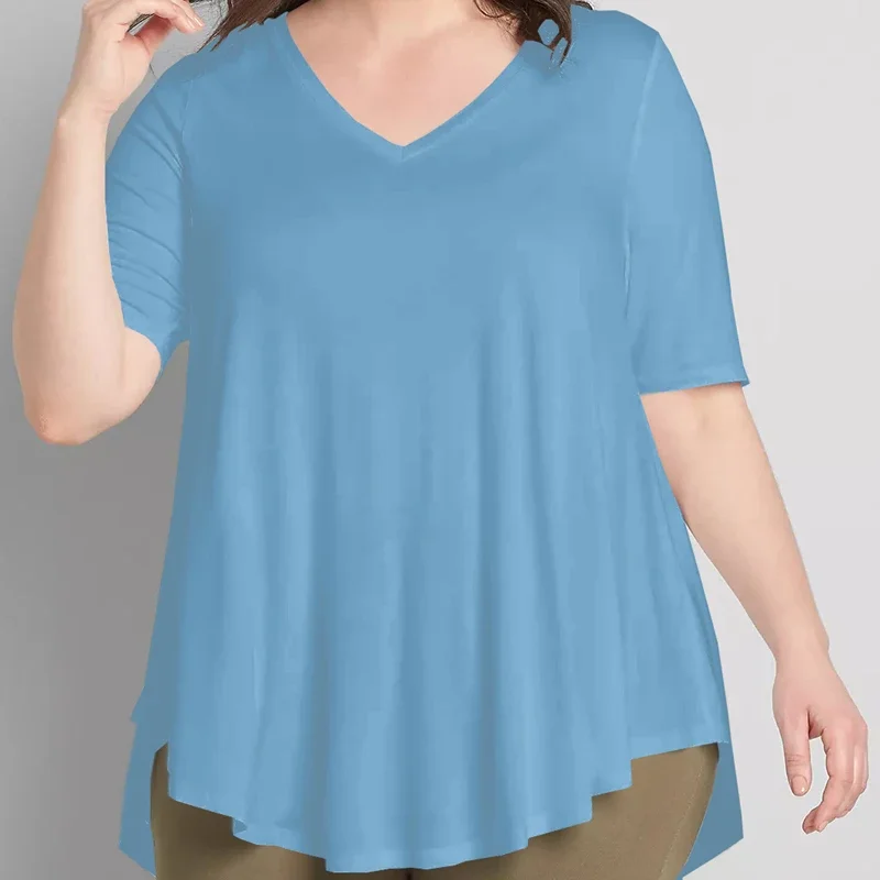 Tunique à Manches Courtes et Col en V pour Femme, Haut Décontracté, Hi Low, Bleu Brouillard, At Flare, Blouse Swing Basique, Été, Grande Taille, 7XL, 8XL