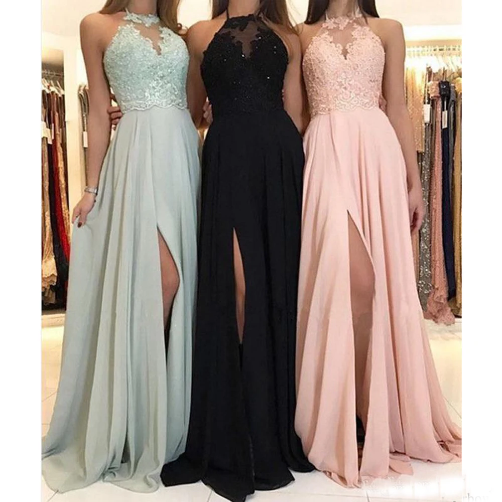 

New Elegant Halter Chiffon Long Bridesmaid Dresses Lace Applique Split Wedding Guest Maid Of Honor Gowns