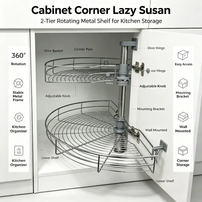 Cabinet Corner Rotating Basket 180  Degree Double Layer Kitchen Swivel Storage Rack Kitchen Corner Organizer Accessory