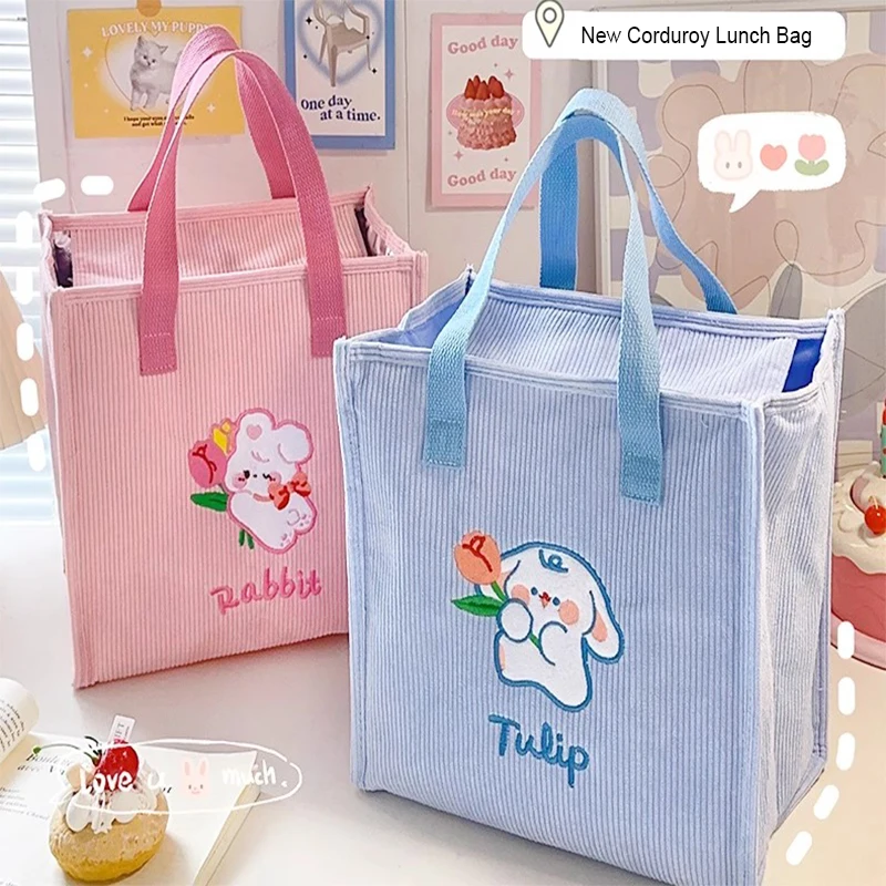 

Fashion Corduroy Cartoon Lunch Bag Women's Insulation Large Capacity Square Lunch Box School Container Food Storage Bags