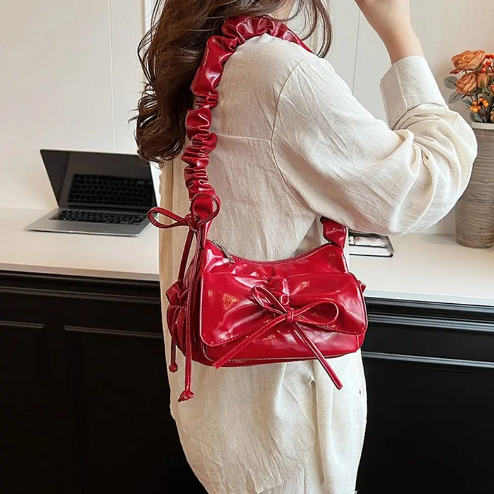 

Сумка на плечо с бантом во французском стиле, сумка из искусственной кожи в корейском стиле, сумка с бантом под мышками, однотонная плиссированная сумка на шнурке с складным ремешком, уличная сумка