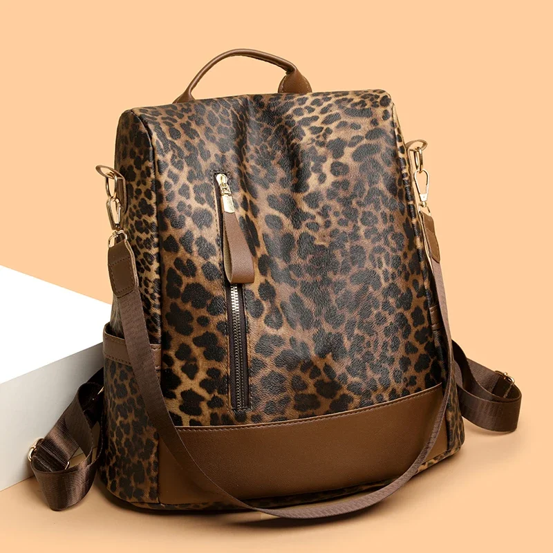 Hot Trendy Leopard PU Zipper Spring Fashion Retro Backpacks for Women 2025 High Quality Personality Designer Style School Bags